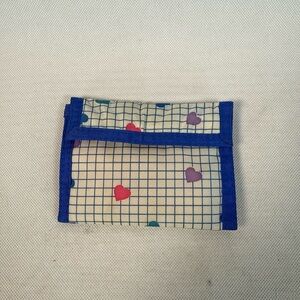 VTG 1980s Hook and Loop Kids Wallet White and Blue Square Pattern With Hearts